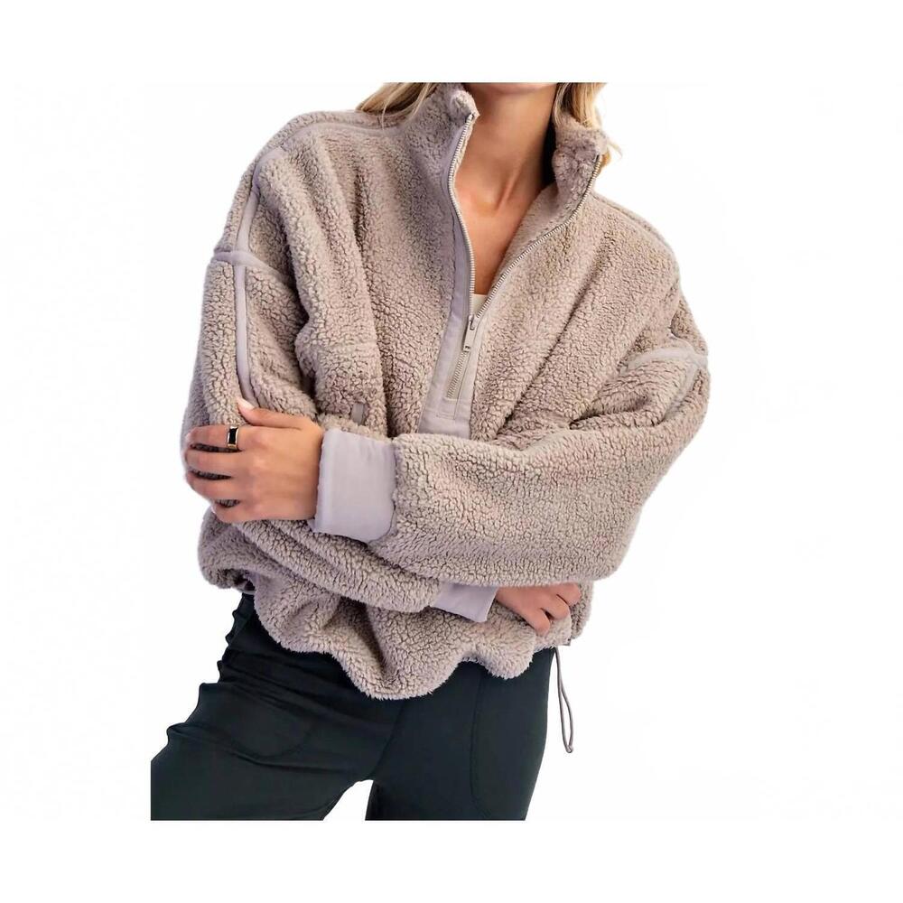 NEW RAE MODE sherpa mock neck quarter zip jacket in stone taupe